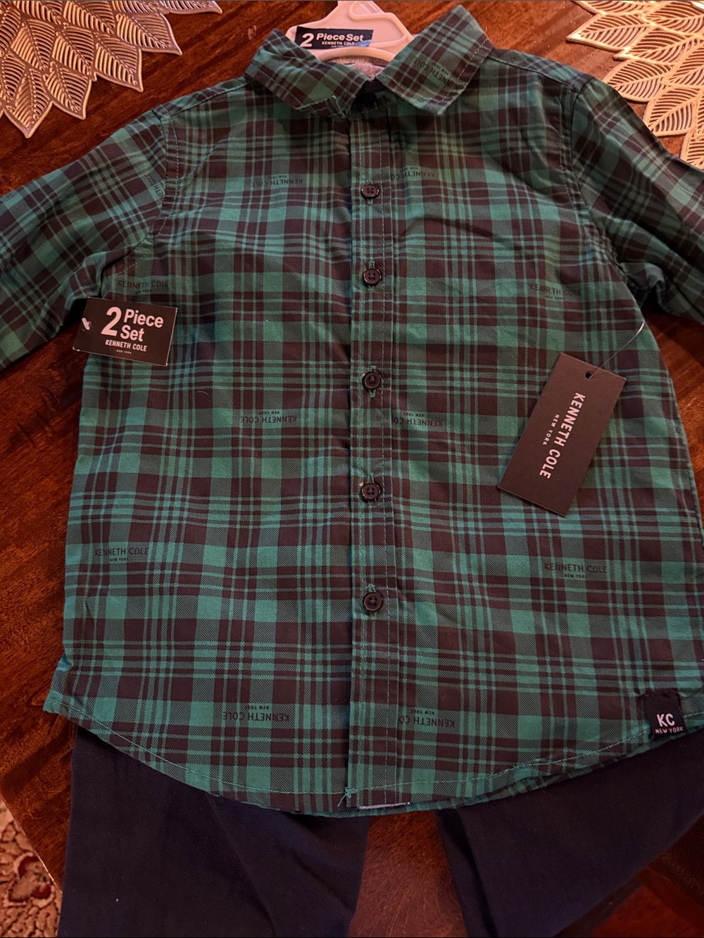 NWTKenneth Cole Boys Green/Black Plaid Button-Down Shirt w Black Drawstring Pant